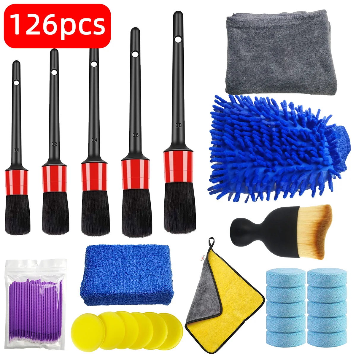 Dirt Brush Interior - ชุดทำความสะอาดรถยนต์ 126 ชิ้น พร้อมฟองน้ำระบายอากาศ ผ้าเช็ดขอบ สำหรับขจัดฝุ่นและสิ่งสกปรก
