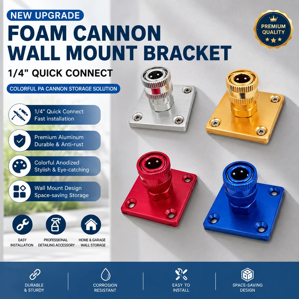 Foam Cannon Car Wash - ขายึดติดผนังสำหรับปืนฉีดโฟมแบบ 1/4 นิ้ว วัสดุอลูมิเนียมอัลลอย ประหยัดพื้นที่ สำหรับล้างรถ